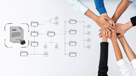 A group of diverse hands stacking together, symbolizing teamwork in document management and file organization, enhancing project efficiency in a modern office. Rasterの写真素材