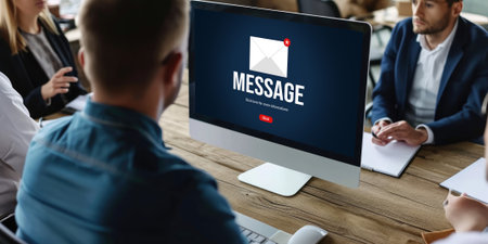 Email notification message showing on computer screen brisk. Digital marketing message information text from business to customer clientの素材