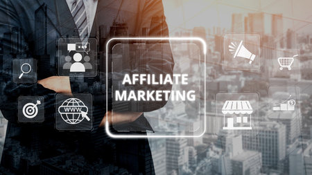 Affiliate marketing connects brands and marketers. Marketing through affiliate links drives sales. Affiliate programs reward. Digital marketing and affiliate strategies boost online revenue. Muxerの写真素材