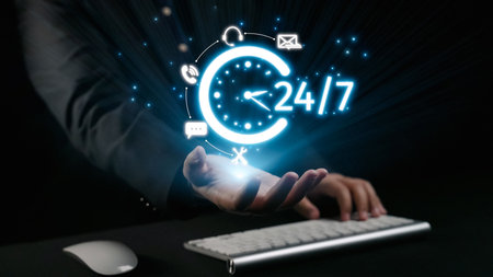A business professional reaches out with a glowing digital clock symbolizing 24 hour availability,...