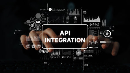 Hands Typing on a Keyboard with Digital Graphics Representing API Integration and Data Analytics Concepts. Asymptotic smart data analytic.の写真素材