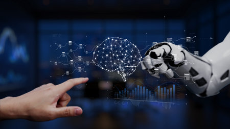 A captivating illustration showcasing the interaction between a human hand and a robotic hand,...