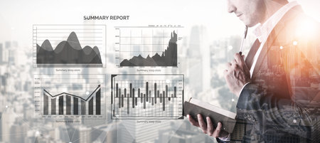 A business professional is deeply engaged in analyzing a summary report featuring various financial graphs and charts, set against a modern urban backdrop. Imputeの写真素材