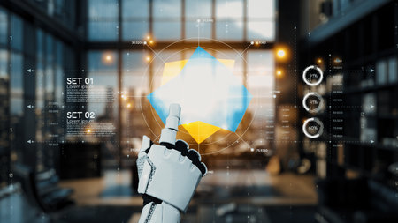 A robotic hand interacts with a vibrant digital interface in a sleek modern office, showcasing a...