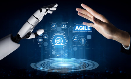 AI enhances agile projects with smart planning tools, virtual collaboration, and intelligent sprint optimization for continuous improvement. Artificial intelligence splineの写真素材
