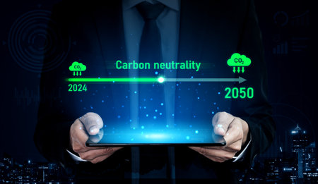 Carbon neutrality timeline illustrates carbon, neutrality, and reduction targets from 2024 to 2050 to support global sustainability and green initiativesの写真素材