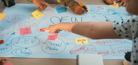 A vibrant brainstorming session featuring diverse hands engaging with colorful sticky notes and...
