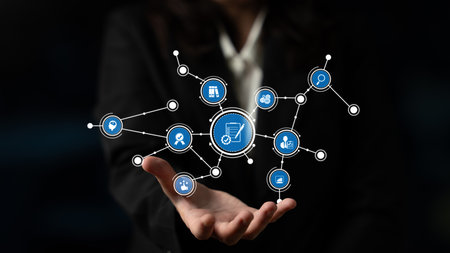 A businesswoman showcases an innovative technology concept through digital icons representing data...