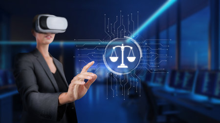 A professional wearing a virtual reality headset engages with a digital representation of legal concepts, reflecting on the convergence of technology and law ethics.の写真素材