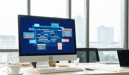 Software development or programming work with coding screen of various programming languages like HTML, , , and C brisk for new application developmentの写真素材