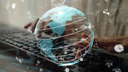 A modern digital representation of a global network showcasing technology and data analytics,...
