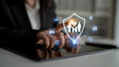 Concept of comprehensive insurance coverage and financial planning. A policy that provides life, health, and asset protection for a family's security and risk management.の写真素材