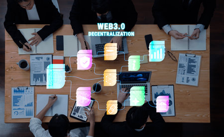 A vibrant meeting scene showcasing professionals collaborating on Web 3.0 topics, featuring digital...