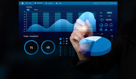 Interactive digital interface showcasing data visualization with graphs and charts, perfect for...