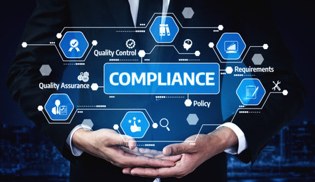 A businessman showcases a compliance concept with digital graphics in a modern office, emphasizing quality control, assurance, and policy for effective management strategies. Tesselの写真素材