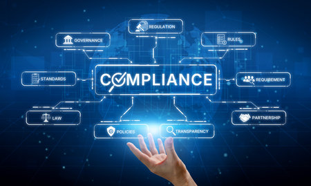 Compliance ensures alignment with standards, laws, and policies. A strong compliance system helps enforce regulation, protect organizations, and improve global compliance transparency.の写真素材