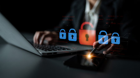 Digital security concept illustrating a cybersecurity breach, with a red unlocked padlock indicating...