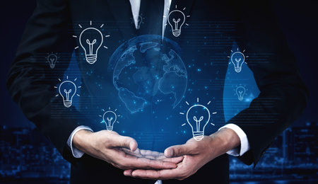 Concept of global innovation and shared knowledge. A network of creative ideas and brainstorming...