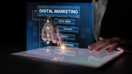 Digital marketing strategy broken down into categories: web, SEO, content, social media, and advertise. Digital tools enhance online marketing success across digital platforms.の写真素材