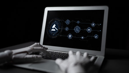 AI regulates digital law through compliance dashboards, justice-oriented tools, and secure automation for ethical governance and technology policy alignment. Artificial intelligence splineの写真素材
