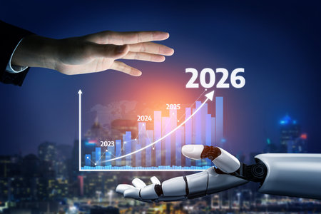 A human hand reaching towards a robotic hand in a futuristic digital setting, showcasing economic...