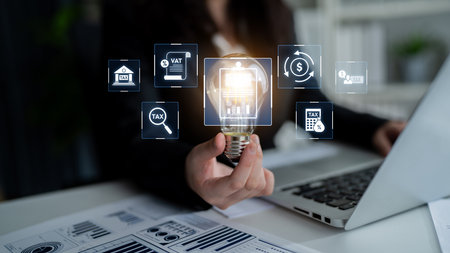 Financial regulation and tax compliance concept showing tax document, VAT, transaction flow, and...