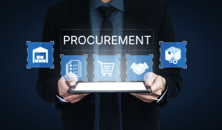 The business procurement process for strategic sourcing. This includes purchasing, supply chain management, contract negotiation, and logistics from warehouse to delivery.の写真素材