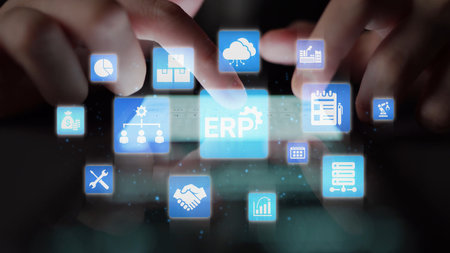ERP icons show management, integration, and business process. ERP supports data management, ERP efficiency, and ERP organizational solutions. Funnelの写真素材