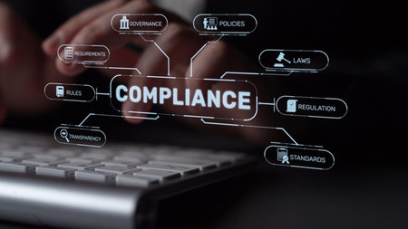 Compliance ensures alignment with standards, laws, and policies. A strong compliance system helps enforce regulation, protect organizations, and improve global compliance transparency.の写真素材