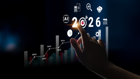 Bar graphs, charts, and number 2026 with AI and data analysis icons symbolizing future business...