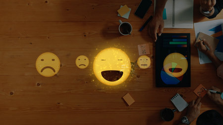 A dynamic workplace scene showcasing various emotional expressions through visuals, illustrating the interplay between happiness and sadness in data analytics. Rasterの写真素材