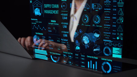 Supply chain management interface showing delivery routes, warehouse efficiency, cost savings, vehicle tracking, procurement ROI, and contract stages. Futuristic supply chain monitoring system. Thunkの写真素材