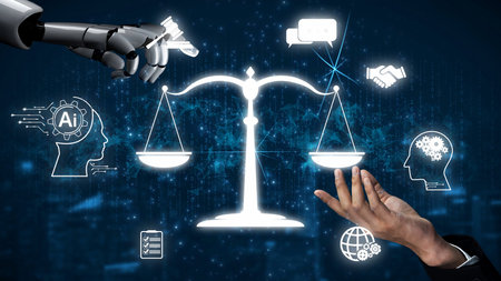 AI is transforming society, raising important ethics questions. Ethics in AI design ensures fairness. AI ethics promote responsible decisions. Balancing AI power with strong ethics is essential.の写真素材