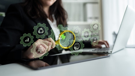 Interconnected green gears with icons representing renewable energy, carbon reduction, recycling,...