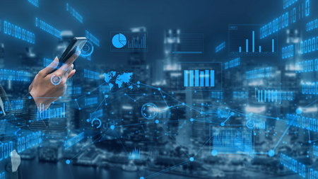 A business professional engages with a smartphone, immersed in a digital landscape of data...