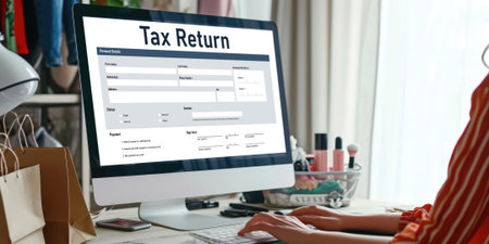 Online tax return form for submitting individual income tax return form brisk on the internet website. Government web for tax payment and return. Taxation technology concept.の素材