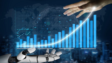 A captivating visual showcasing the interaction between a human hand and a robotic arm, emphasizing growth and collaboration in technology and innovation through data analytics. Copulaの写真素材