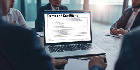 Digital legal contract provide terms and conditions document on computer screen ready for online digital signature for deal agreement of future business briskの素材