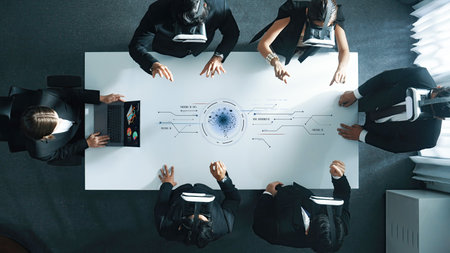 Aerial view of business professionals using virtual reality in a modern conference room. This dynamic setting enhances collaboration, creativity, and innovative strategies for the future.の写真素材
