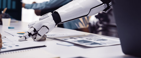 A stunning scene highlighting a robotic arm interacting with human colleagues in a modern office. The image emphasizes teamwork and innovation in the tech-driven workspace.の写真素材