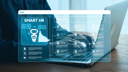 A sleek laptop displays a high-tech Smart HR interface featuring artificial intelligence and advanced data management, highlighting innovation in human resources solutions. Qubitの写真素材