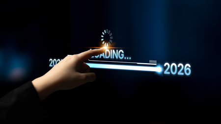 Visualizing the shift from 2025 to 2026. Progress bar symbolizing advancement, strategic foresight,...