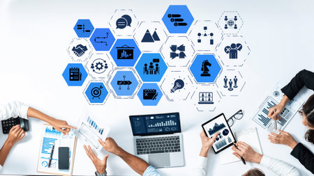 Project planning icons showing business management, teamwork, scheduling, strategic planning,...