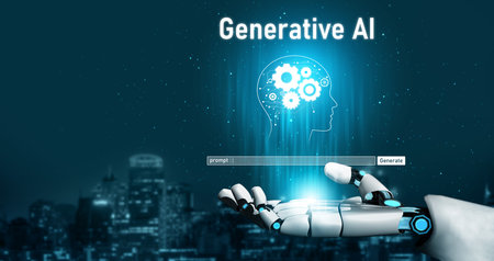 AI Assistant Brain Processor with LLM Technology, Big Data, Machine Learning, Generative AI for Business Support, Future Agentic AI Technology and Artificial Intelligence Prompt Engineering. Vouchの写真素材