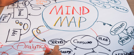 A vibrant mind map created with colorful markers on a wooden table, showcasing collaborative brainstorming and project planning through creativity and visual thinking techniques.の写真素材