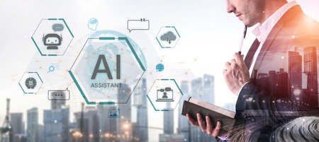 A concept of a global AI virtual assistant. This intelligent agent provides user support through chatbots, performs searches, manages cloud data, and aids in communication.の写真素材