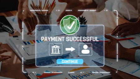 Diverse professionals collaborate on financial documents while confirming a successful payment transaction, highlighting teamwork and digital finance solutions in action. Rasterの写真素材