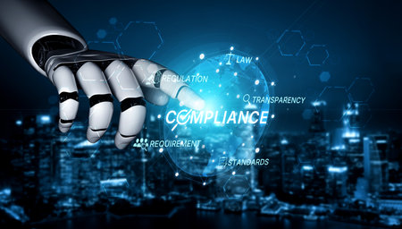 AI ensures compliance with automated policy checks, smart regulation systems, and intelligent auditing to protect organizations and improve transparency. Artificial intelligence splineの写真素材