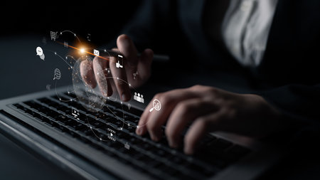 Visualization of global digital communication and online across multiple platforms, including global network, digital network, communication network, and online network.の写真素材