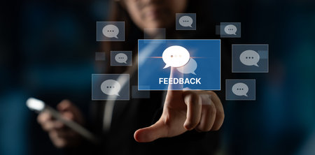 Customer or business team feedback system highlighting comments, opinions, evaluations, reviews, and suggestions from users to improve services, communication, and product quality idea insightの写真素材